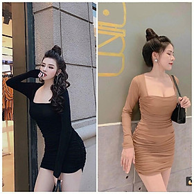 Đầm body dài tay    Váy nữ nhún cổ vuông thời trang XIXO cao cấp DAM0038