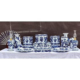 Mua Bộ ban thờ gia tiên men lam. Gốm sứ Bát Tràng.