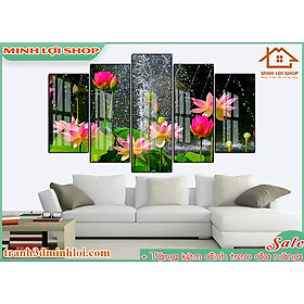 Tranh tráng gương pha lê BÔNG SEN 5 tấm trang trí phòng khách hiện đại TẶNG KÈM ĐINH TREO 5TBS03