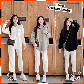 SQ004 Set áo sơ mi 3 màu và quần Culottes trắng, bộ áo dài tay có túi ngực mix quần suông ulzzang đơn giản basic đi học