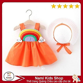 Váy hè dễ thương cho bé họa tiết cầu vòng tặng kèm nón hàng quảng châu cao cấp