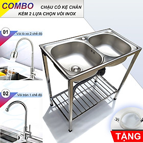 COMBO Chậu Rửa Chén Bát 2 Hộc 78x43cm Có Chân Kèm Vòi Inox Nước Lạnh KAZTA - Gồm kệ chân, chậu, vòi, bộ xả tặng dây cấp keo non