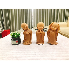 combo bộ 03 chú tiểu vàng áo nâu cao13,5cm+bình hoa
