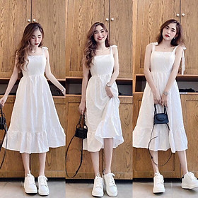 Váy đầm nữ dáng xòe dài hai dây màu trắng vải đũi cho nàng dưới 52kg kiểu dáng dễ thương chất vải cao cấp