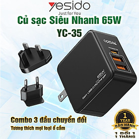 Củ sạc siêu nhanh GaN 65W Yesido YC-35 Kèm 2 đầu cắm chuyển Hàng chính hãng