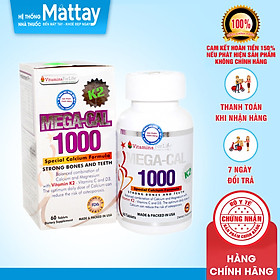 Mega Cal K2 1000 - Chai 60 viên - Bổ sung canxi K2, giúp xương chắc khỏe