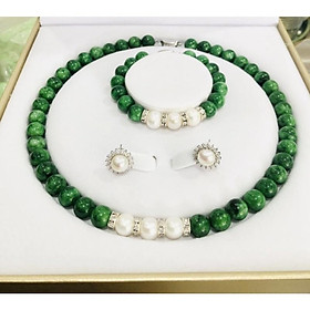 Bộ Trang Sức Đá Xanh Mix Hạt Ngọc Trai 9ly, Bộ Trang Sức Dự Tiệc Sang Trọng Ngọc Trai Nước Ngọt - Trường Thịnh Ngọc Trai