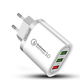 Củ sạc nhanh QGeeM 3 cổng USB hỗ trợ Quick Charge 3.0 cho iPhone EU Plug 18W Adapter chuyển đổi sạc nhanh dành cho Samsung Xiaomi Huawei-Hàng Chính Hãng