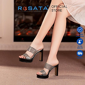 Giày sandal cao gót nữ ROSATA RO507 xỏ ngón mũi vuông quai ngang lưới gót nhọn cao 8cm xuất xứ Việt Nam - Đen
