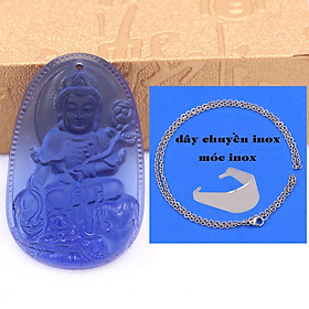 Mặt Phật Phổ hiền 5 cm (size XL) thuỷ tinh xanh dương kèm móc và dây chuyền inox, Mặt Phật bản mệnh