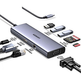 Ugreen 15600 USB type C sang 1 x HDMI 4K30hz + 1 x VGA xuất cùng lúc + 1 x RJ45 1Gbps + TF + SD + 3 x USB 3.0 + 1 x USB-C PD 100W Bộ chuyển 9in1 CM498 20015600 - Hàng chính hãng