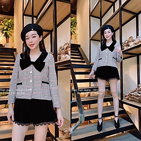 Áo dạ tweed kẻ cổ nơ chuẩn NT closet khuy trắng như mẫu mặc
