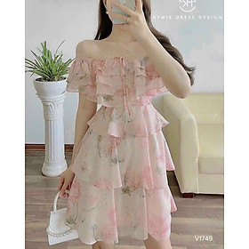 Đầm voan hoa trễ vai xếp tầng màu y hình