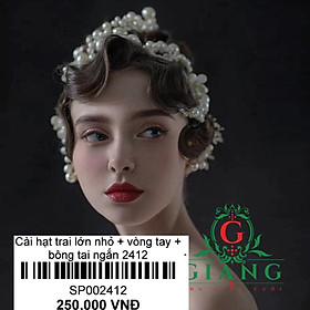 Bộ cài tóc cô dâu hạt trai + bông tai ngắn + vòng tay phụ kiện cưới Giang Sp2412