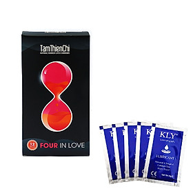 Bao cao su Tâm Thiện Chí Four In Love siêu kéo dài hộp 12 chiếc và 5 gói gel bôi trơn gốc nước KLY 5ml