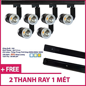 Bộ 6 Đèn Led Rọi Ray COB 20w Vỏ Đen Và 2 Thanh Ray 1 Mét