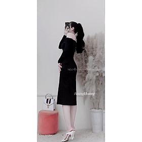 Đầm body nữ dáng dài, tay dài trễ vai, ôm dáng sexy, chất liệu len co giãn- December Fashion