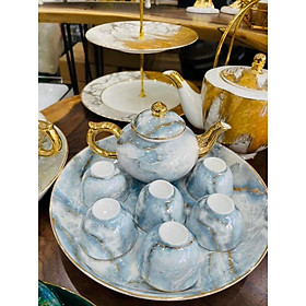 BỘ ẤM CHÉN KÈM KHAY SỨ TRẮNG XÁM VÂN ĐÁ VIỀN VÀNG CAO CẤP