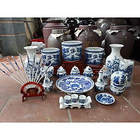 Bộ thờ gia tiên men Lam gốm sứ Bát Tràng có đầy đủ cốt bát hương, nước sái tịnh và tro nếp