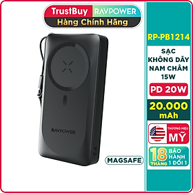 Mua Pin Sạc Dự Phòng 20000mAh RAVPower RP-PB1214 Sạc Nhanh 20W  Sạc Không Dây Nam Châm Tối Đa 15W  Tương Thích Mag.Safe iPhone - Hàng Chính Hãng