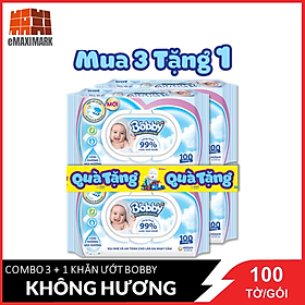 Combo Tiết Kiệm - 4 Gói Khăn Ướt Bobby Care Không Hương 100 Tờ/Gói
