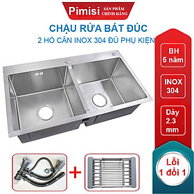 Chậu rửa bát chén inox 304 Pimisi đúc 2 hố cân, kích thước bồn rửa chén 78 x 43 - 82 x 45 cm làm từ thép không gỉ sus 304 đầy đủ xi phông loại to và kèm rổ đựng đồ dùng để rửa chén bát gắn được cả âm - dương bàn đá bếp | Hàng chính hãng