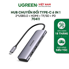 Cáp Chuyển Đổi USB Type-C Sang HDMI 4K, 2*USB 3.0 Ports ,SD/TF Card Reader, 100W PD dài 15cm màu Gray Ugreen TC70411CM195 Hàng chính hãng.