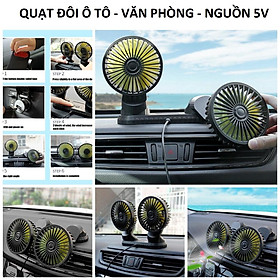 Quạt máy đôi gắn taplo ô tô xe hơi văn phòng 12v, 24v nhỏ gọn xoay 360 tiện ích cao cấp mẫu mới loại tốt gió mạnh