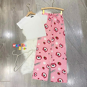 Set Bộ Thun Croptop Ôm Body Phối Quần Thun Gân 3D Hoạt Hình Ống Rộng Ulzzang - MM