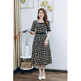 Đầm xòe thiết kế trung niên cao cấp Cổ vuông kết nút tay ngắn màu Đen kem TTV STORE TTV1290