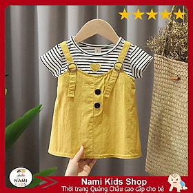 Áo hè giả yếm dễ thương cho bé họa tiết kẻ ngang thêu trái tim