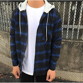 Áo sơ mi caro phối nón - Flannel nón unisex nam nữ phong cách hàn quốc vải dày mịn (Xanh dương)