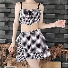 Bộ đồ bơi bikini nữ hai mảnh kín đáo đi tắm biển giấu bụng, tôn dáng hack chân dài kẻ caro - B.48