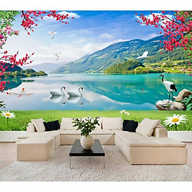 Tranh dán tường 3d hiện đại tranh sơn thủy, phong cảnh thiên nhiên uyên ương và hồng hạc (tích hợp sẵn keo) MS1380925745