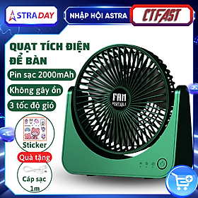 Quạt tích điện để bàn CTFAST F101, quạt mini văn phòng không gây ồn, 3 tốc độ gió, điều chỉnh 270 độ, tặng kèm sticker trang trí, sạc USB - Hàng chính 