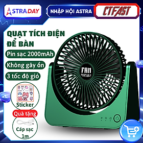 Hình ảnh Quạt tích điện để bàn CTFAST F101, quạt mini văn phòng không gây ồn, 3 tốc độ gió, điều chỉnh 270 độ, tặng kèm sticker trang trí, sạc USB - Hàng chính hãng