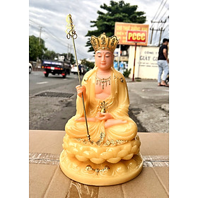 Tượng Địa Tạng Vương Bồ Tát ngồi trên đài sen bằng đá nhập khẩu cao cấp cao 31cm– màu vàng thạch anh