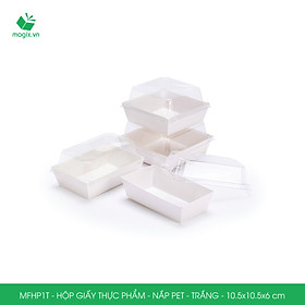 MFHP1T - 10.5x10.5x6 cm - 100 hộp giấy thực phẩm màu trắng nắp Pet, hộp giấy vuông đựng thức ăn, hộp bánh nắp trong