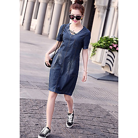 Đầm Jean Nữ Ngắn Tay Phối Dây Chéo Ngực