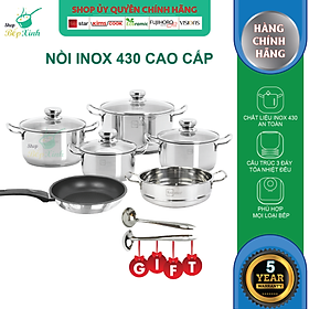 Mua Bộ nồi xửng hấp inox và chảo chống dính FIVESTAR Standard 3 đáy 6 chiếc inox 430 nắp kính dùng được bếp từ   hồng ngoại