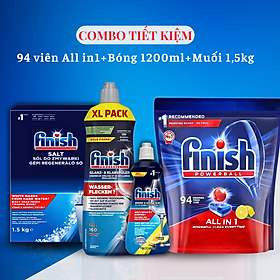 Combo rửa chén Finish: Hộp All in one 90 Viên, bóng chai 1150ml, Muối Hộp 1,5kg - Chính Hãng.