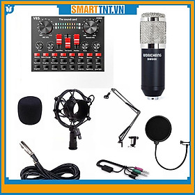 Trọn bộ sound card âm thanh V8S micro thu âm BM900 và phụ kiện kèm dây livestream