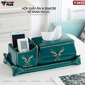 Mua (Có sẵn) Hộp Đựng Khăn Giấy Gốm Sứ Xanh Ngọc Lục Bảo | Kèm Kệ Mạ Vàng Đựng Điều Khiển Từ Xa Đa Năng | Phong Cách Bắc Âu