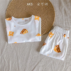 Bộ đồ cotton hoạ tiết trái đào, miếng phô mai cho bé gái