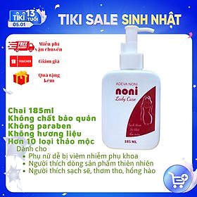 Dung dịch vệ sinh phụ nữ từ thảo dược Noni Ladycare chai 185ml - Hỗ trợ giảm nấm ngứa, giảm thâm, giảm mùi. Tinh chất bạc hà the mát tạo hưng phấn, lá trầu không hỗ trợ kháng khuẩn