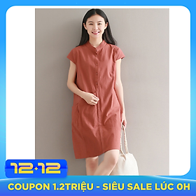 Đầm suông chất đũi cổ trụ phối túi bên hông LAHstore, chất vải mềm mát thích hợp mùa hè, thời trang Hàn Quốc