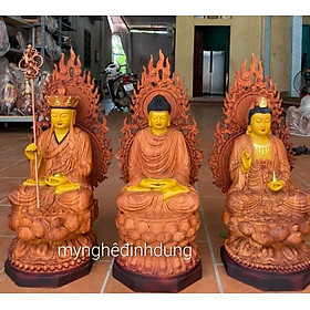 Mua Bộ tượng phật tam thánh bằng gỗ hương đá kt cao 30×15cm + lá chắn hào quang quang cao tổng 41cm