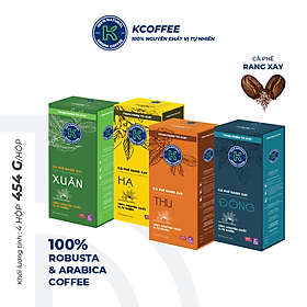 Bộ sưu tập 4 hộp cà phê rang xay 100% Robusta Arabica nguyên chất Xuân Hạ Thu Đông thương hiệu K Coffee (454g/hộp)