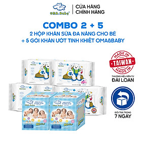  Combo thùng mini 2 hộp khăn vải khô đa năng cho bé và 5 Gói Khăn ướt làm sạch tinh khiết dành cho bé Oma&Baby với công thức Chlorhexidine Digluconate kháng khuẩn an toàn, dịu nhẹ trong khăn ( 85 tờ*3 + 25 tờ*2) 