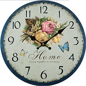 Đồng hồ treo tường Vintage Phong cách Châu Âu size to 30cm DH19 hoa và bướm xanh